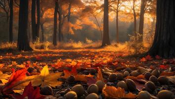 Fall Leaves and Nuts on Forest Floor with Golden Light photo
