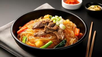 Noodles with beef, vegetables and kimchi in a black bowl, served on table setting photo