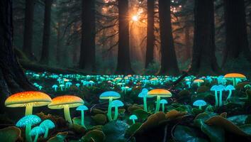 Glowing Mushrooms in Forest Sunlight Creating a Magical Scene photo