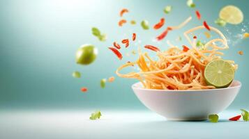 Noodles with lime and red chili peppers in white bowl on blue gradient. For cooking tutorials photo