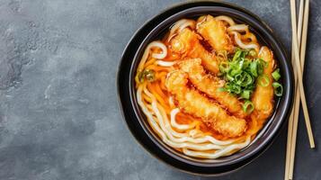 Noodles with fried fish and green onions in a bowl with chopsticks on table for menu photo