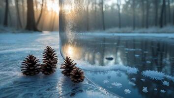 Pine Cones on Frozen Lake Surface with Ice Crystals and Sunlight photo