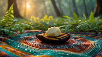 Serving Food on a Blanket in a Forest at Sunrise photo