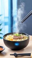 Noodles with meat and soup being lifted with chopsticks. Delicious, hot meal against a window view photo