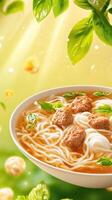 Noodles with meatballs and basil in a bowl, floating, with sunny background. Food photography use photo