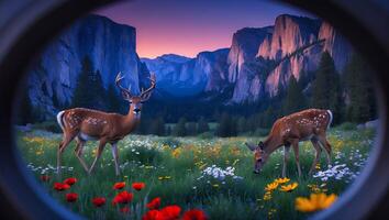 Deer Grazing in Mountain Meadow at Sunset Framed by Dark Opening photo