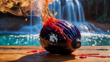 Pouring Liquid on Food Item Near Waterfall Creating a Dynamic Scene photo
