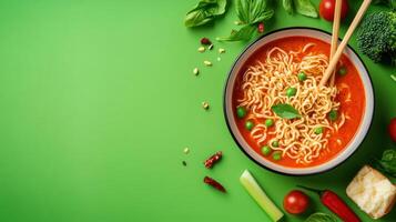 Noodles with tomato soup in a bowl, green backdrop, served with vegetables. Possible food content photo