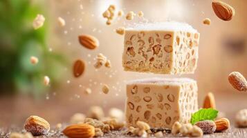 Nougat cubes stack, nuts float around on a wooden table. Dessert use photo