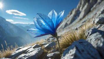 Blue Flower Growing on Rocky Mountain Slope with Bright Sky photo