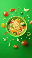 Noodles with veggies and tomatoes. Flat lay for food blog, Asian cuisine, nutrition or healthy eating ads photo