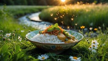 Bowl of Rice Dish Outdoors with Nature Background at Sunset photo