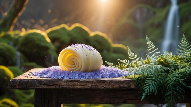 Butter Curl Topped with Sprinkles on Wooden Table in Nature photo