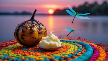 Pumpkin and Mash on Colorful Rug with Dragonflies at Sunset photo
