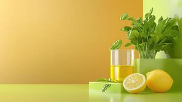Oil and lemon sit on a table in front of a colorful background, for sale or food photography photo