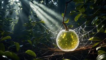 Glowing Fruit in Spiderweb Bathed in Sunlight in Forest Scene photo