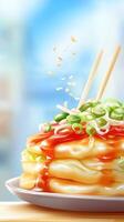 Okonomiyaki food, topped with toppings and sauce, in the kitchen, for food photography photo