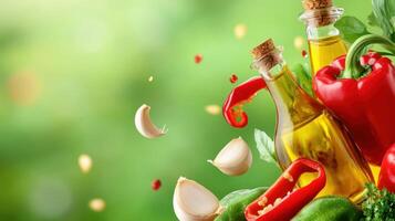 Olive oil and colorful vegetables falling for recipe preparation on green garden background photo