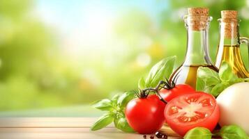 Olive oil bottles with tomatoes and basil leaves on a table with green blurred background. For cooking usage photo