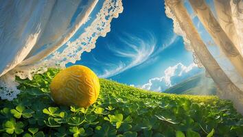 Looking Through Curtain Onto Field of Clover with Yellow Fruit photo