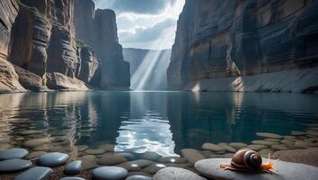 Snail Crawling on Rock Near Calm Water Surrounded by Cliffs photo