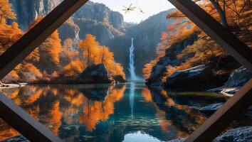Reflections of Autumn Waterfall in Tranquil Lake Framed by Wooden Structure photo