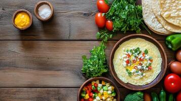 Omelet on wooden table with vegetables and eggs for a healthy breakfast meal recipe blog photo