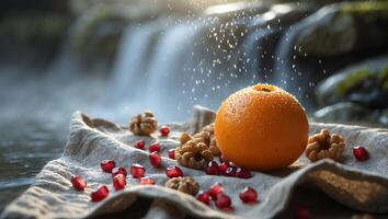 Orange with Walnuts and Pomegranate Seeds Near a Waterfall Setting photo