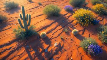 Cactus and Desert Plants Thriving in Arid Landscape with Warm Light photo