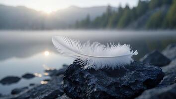 White Feather on Rock Near Calm Lake at Misty Sunrise photo
