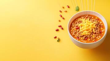 Overhead close-up shot of delicious chilli topped with cheese served in bowl, yellow background, for recipe book photo