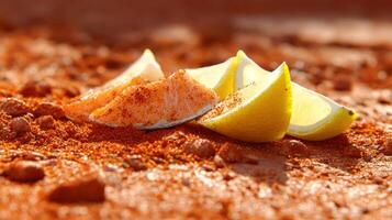 Orange and Lemon slices on a court. Close-up of citrus. Sun shining on the ground. Refreshment ads photo