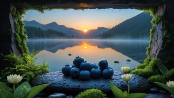 Blueberries on Stone Overlooking Serene Lake and Mountain Landscape at Sunrise photo