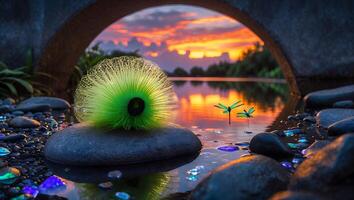 Green Lighted Sphere on Stone Near Water with Sunset Sky photo