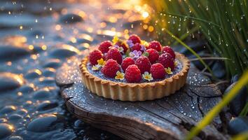 Delicious Raspberry Tart with Small Flowers on Wooden Serving Plank photo