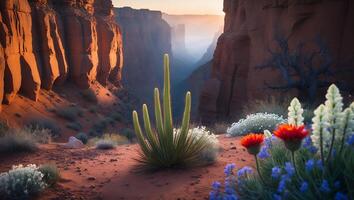 Exploring Grand Canyon Desert Landscape with Cactus and Wildflowers photo