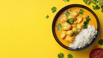 Overhead shot of chicken curry with rice garnish on yellow background. Food presentation idea photo