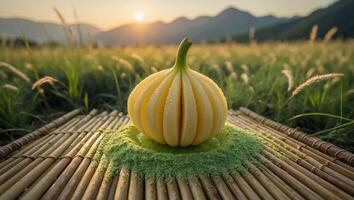 Yellow Vegetable on Bamboo Mat in a Grassy Field at Sunset photo