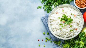 Overhead shot of cooked white rice served with herbs and vegetables, dietary ingredient photo
