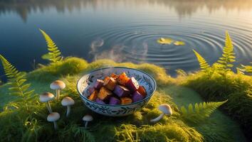 Steaming Sweet Potato Bowl by Lake Surrounded by Moss and Ferns photo