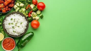 Overhead shot of Rice and colorful vegetables are arranged over a green background photo