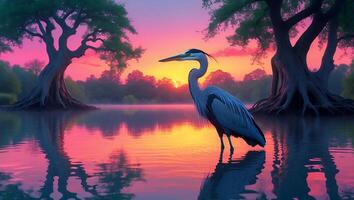 Heron Wading in Lake at Vibrant Sunset with Mirrored Reflection photo