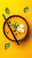 Overhead shot of tofu soup with basil on yellow backdrop, great for recipe or menu use photo