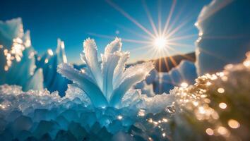 Icy Landscape with Sunlight Shining Through Ice Formations and Snow photo