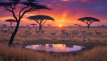 Gazelle Herd Grazing Near Watering Hole at Sunset on African Savanna photo