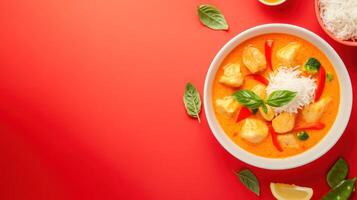 Overhead view of red curry with tofu and rice served in a bowl against a red background photo