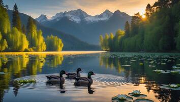 Ducks Swimming on Peaceful Mountain Lake with Lily Pads at Sunset photo
