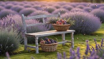 Figs on Bench in Lavender Field with Bees Buzzing Around photo