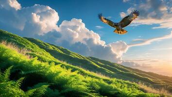 Hawk Flying Over Lush Green Hillside Under a Bright Blue Sky photo