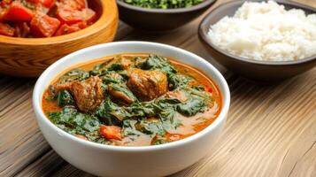 Palak Gosht in a bowl with sides on wood for a cookbook or meal photo